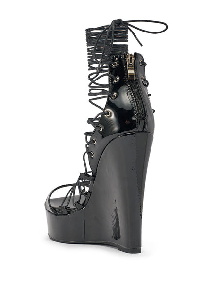 AKIRA GOLD TAVI BLACK SWEDGE SANDAL WITH LACE UP