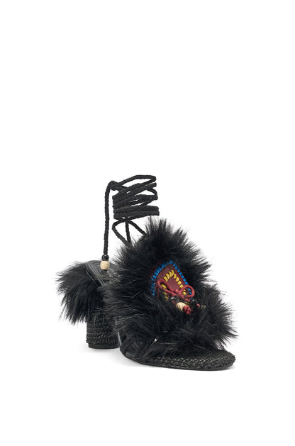 AKIRA GOLD UMIKA BLACK FUR BLOCK SANDAL