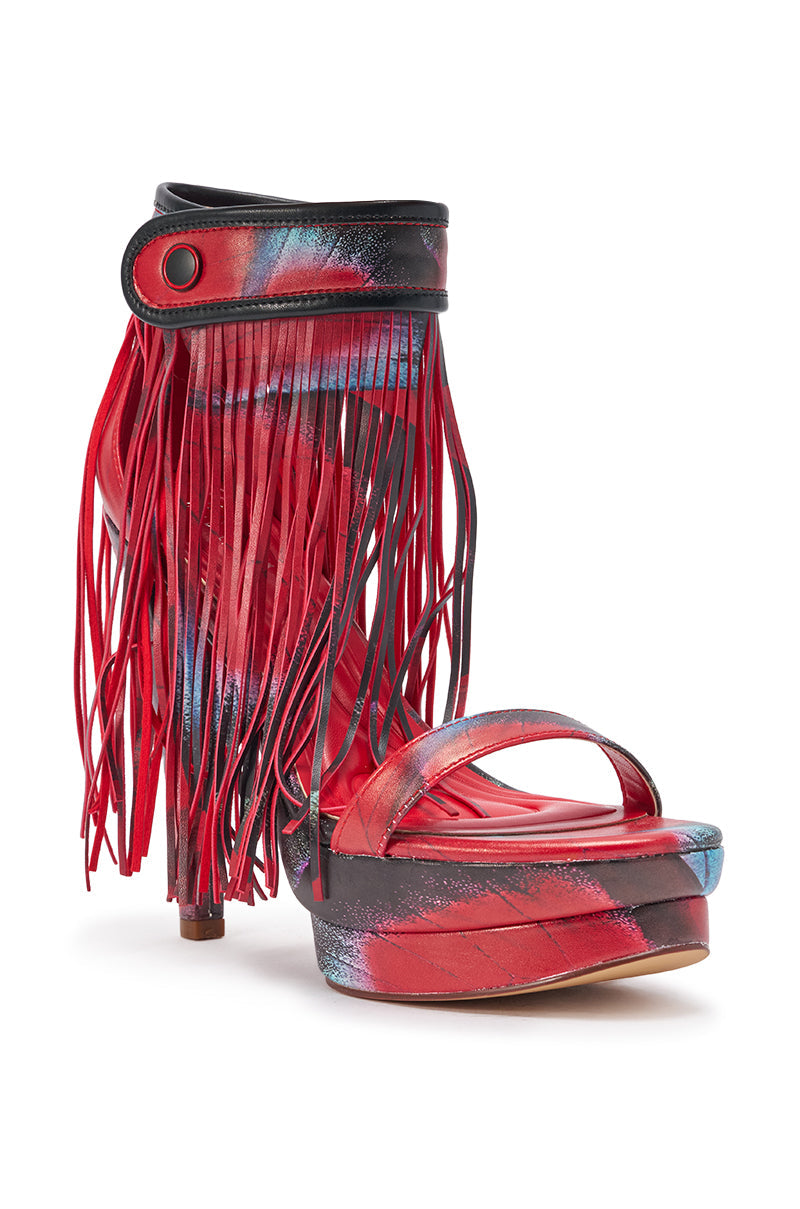AKIRA GOLD PRINTED PU FRINGE STILETTO SANDAL