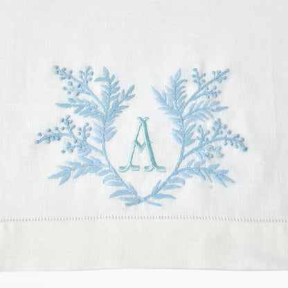White & Blue Garland Embroidered Linen Hand Towel