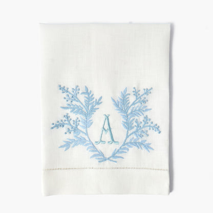 White & Blue Garland Embroidered Linen Hand Towel