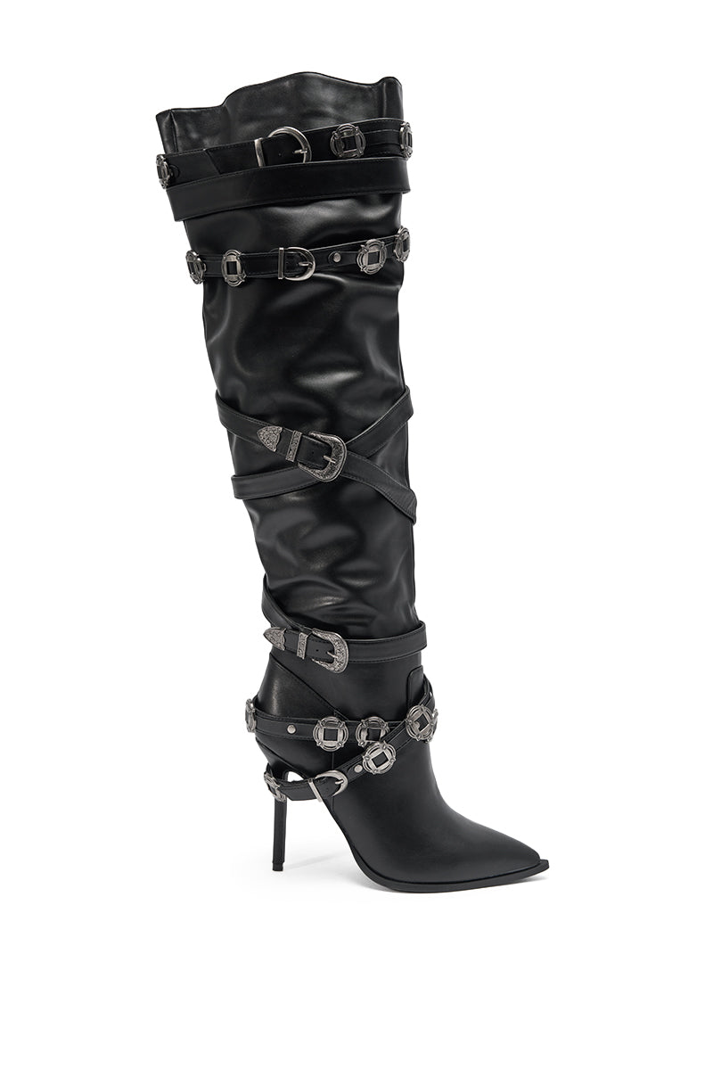 AKIRA GOLD XERXES BLACK STILETTO METAL EMBELLISHED BOOT