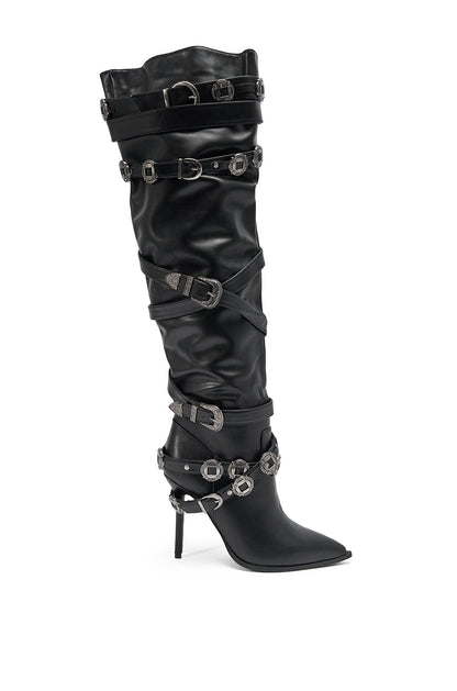 AKIRA GOLD XERXES BLACK STILETTO METAL EMBELLISHED BOOT