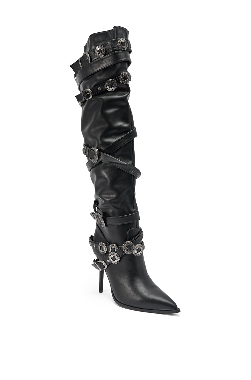 AKIRA GOLD XERXES BLACK STILETTO METAL EMBELLISHED BOOT