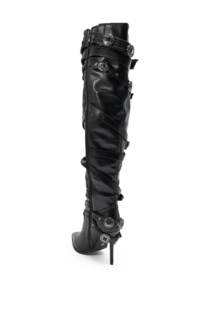 AKIRA GOLD XERXES BLACK STILETTO METAL EMBELLISHED BOOT