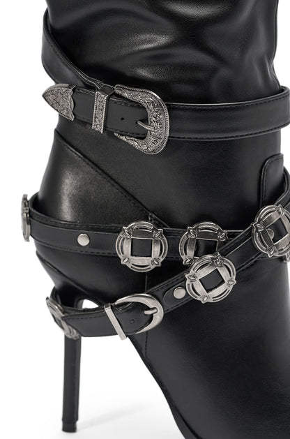 AKIRA GOLD XERXES BLACK STILETTO METAL EMBELLISHED BOOT