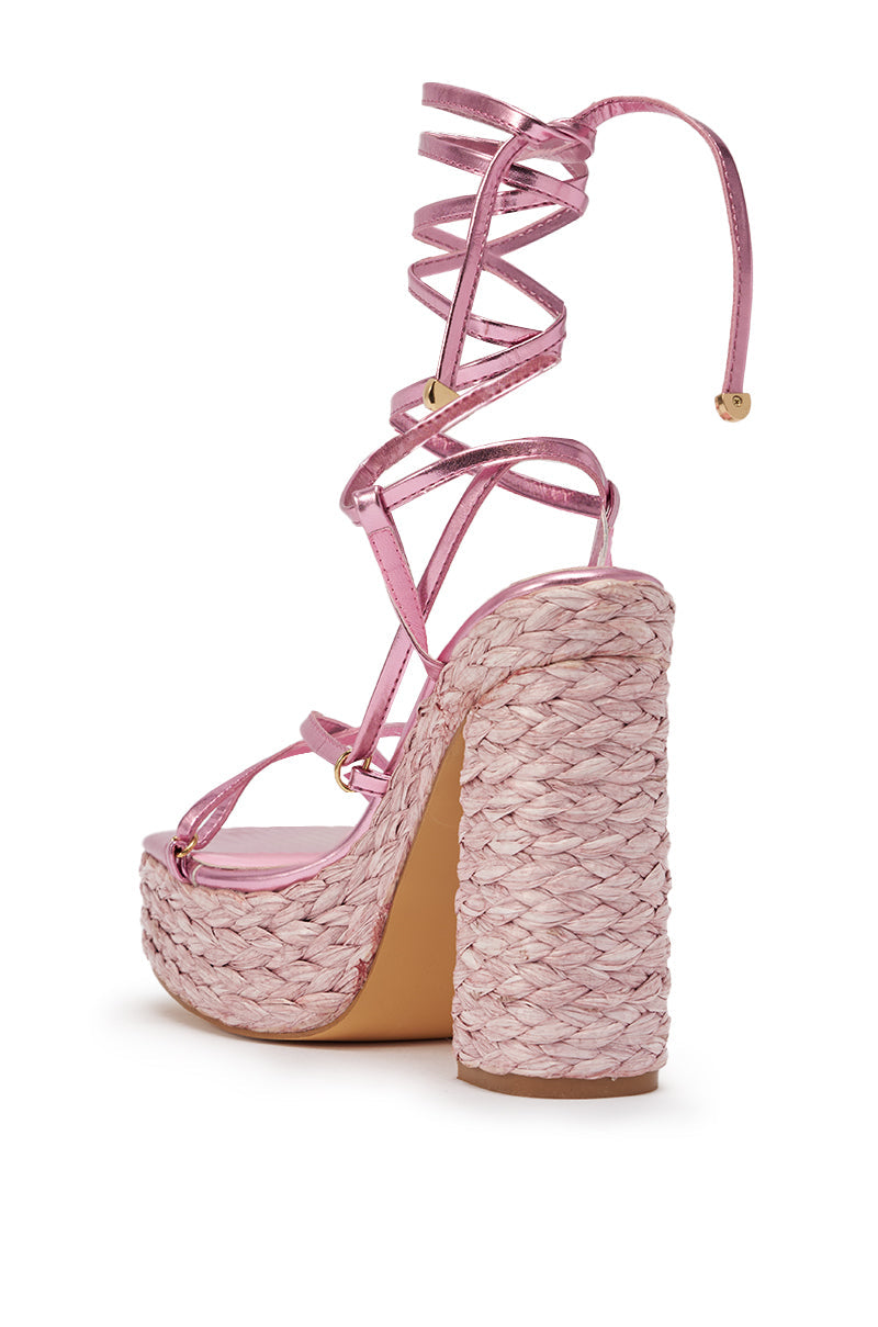 AKIRA GOLD ZAIDEE PINK PLATFORM RAFFIA LACE UP SANDAL