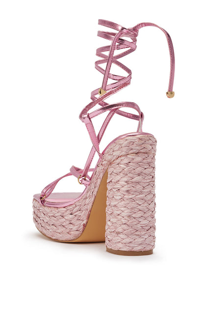 AKIRA GOLD ZAIDEE PINK PLATFORM RAFFIA LACE UP SANDAL