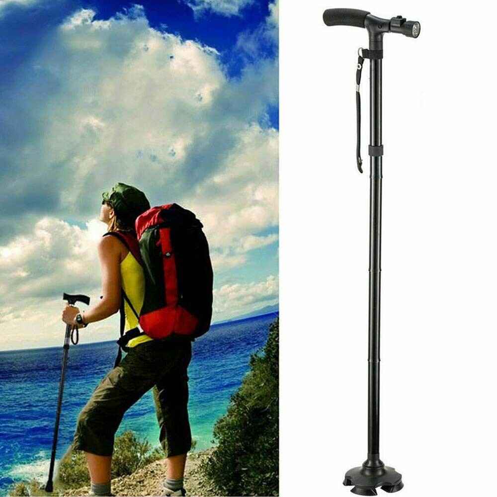 Folding Walking Cane with LED Flashlight – 5 Adjustable Heights, 360° Anti-Slip Base for Hiking & Travel