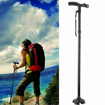 Folding Walking Cane with LED Flashlight – 5 Adjustable Heights, 360° Anti-Slip Base for Hiking & Travel