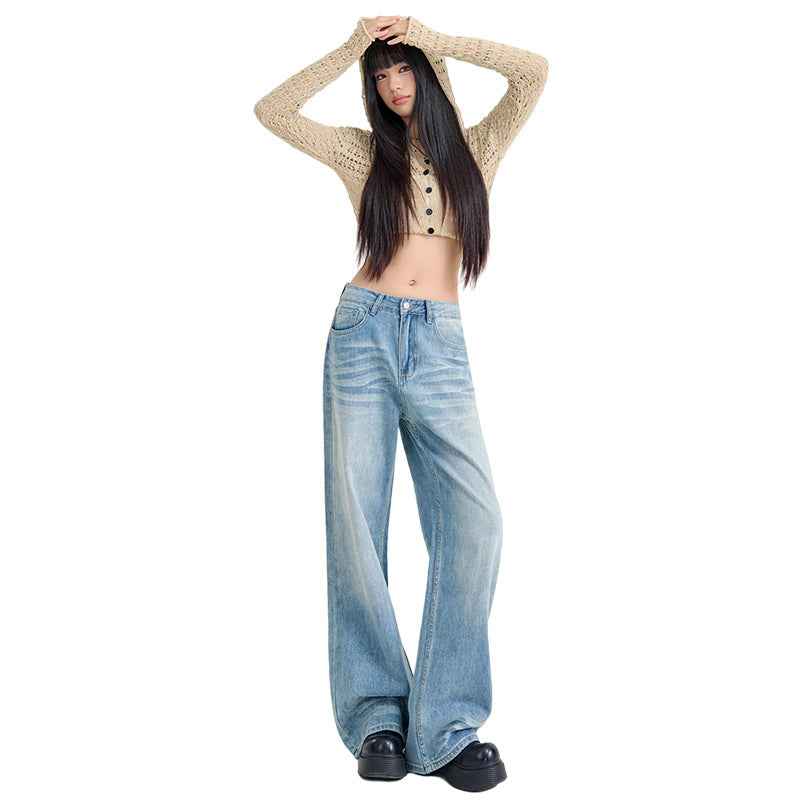 Women's High-Waist Wide-Leg Washed Jeans – Casual Denim Pants