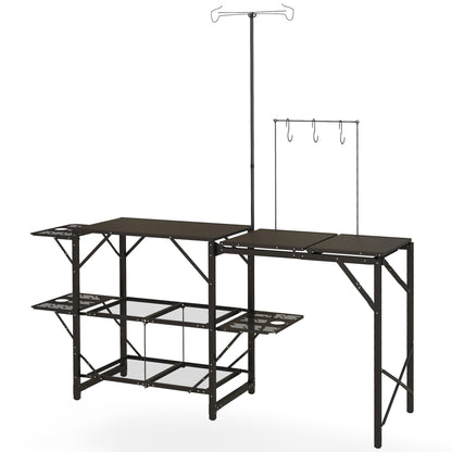 Folding Camp Kitchen Cooking Station with Lamp Stand, Shelves & Utensil Hooks