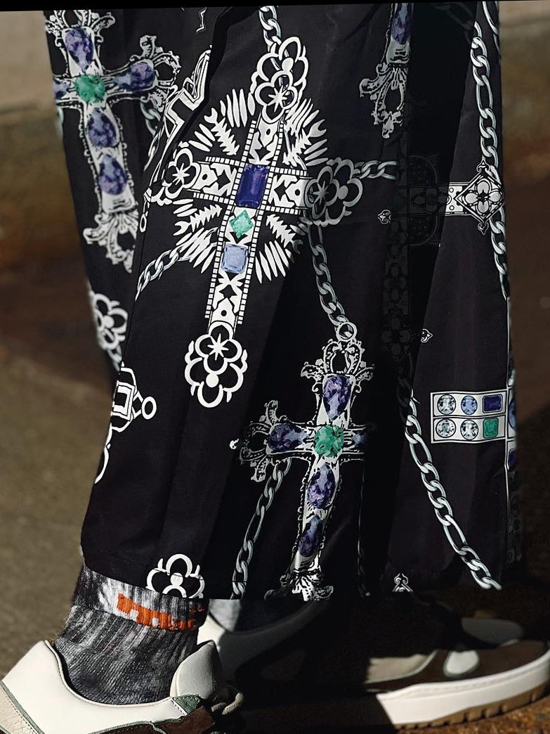 Black Cross Print Plaid Patchwork Wide-Leg Pants