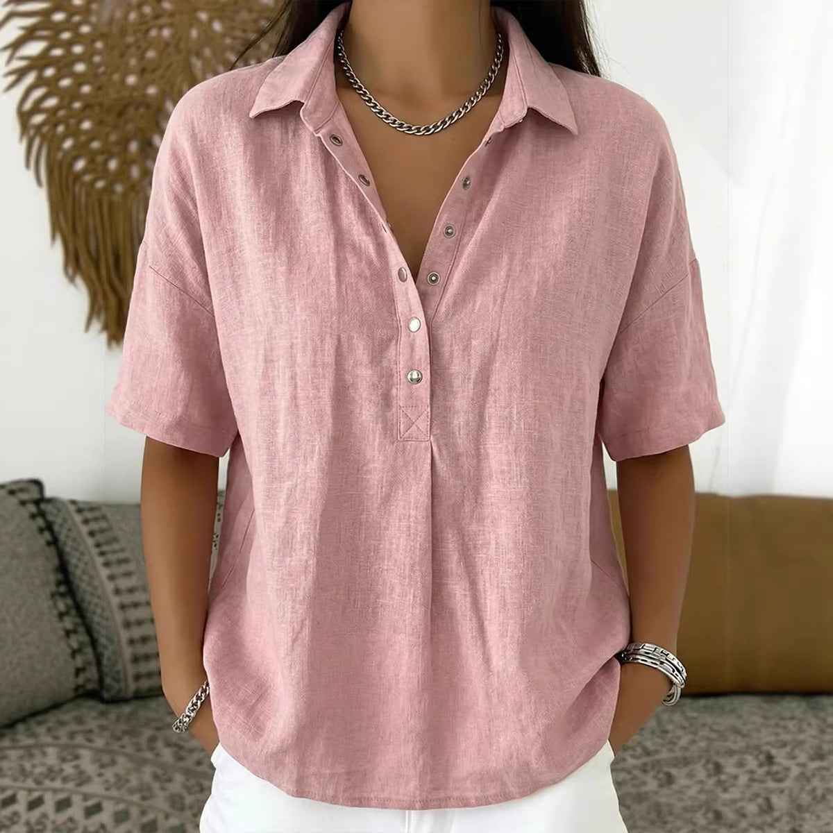 Women's Short-Sleeve Button Pullover Shirt