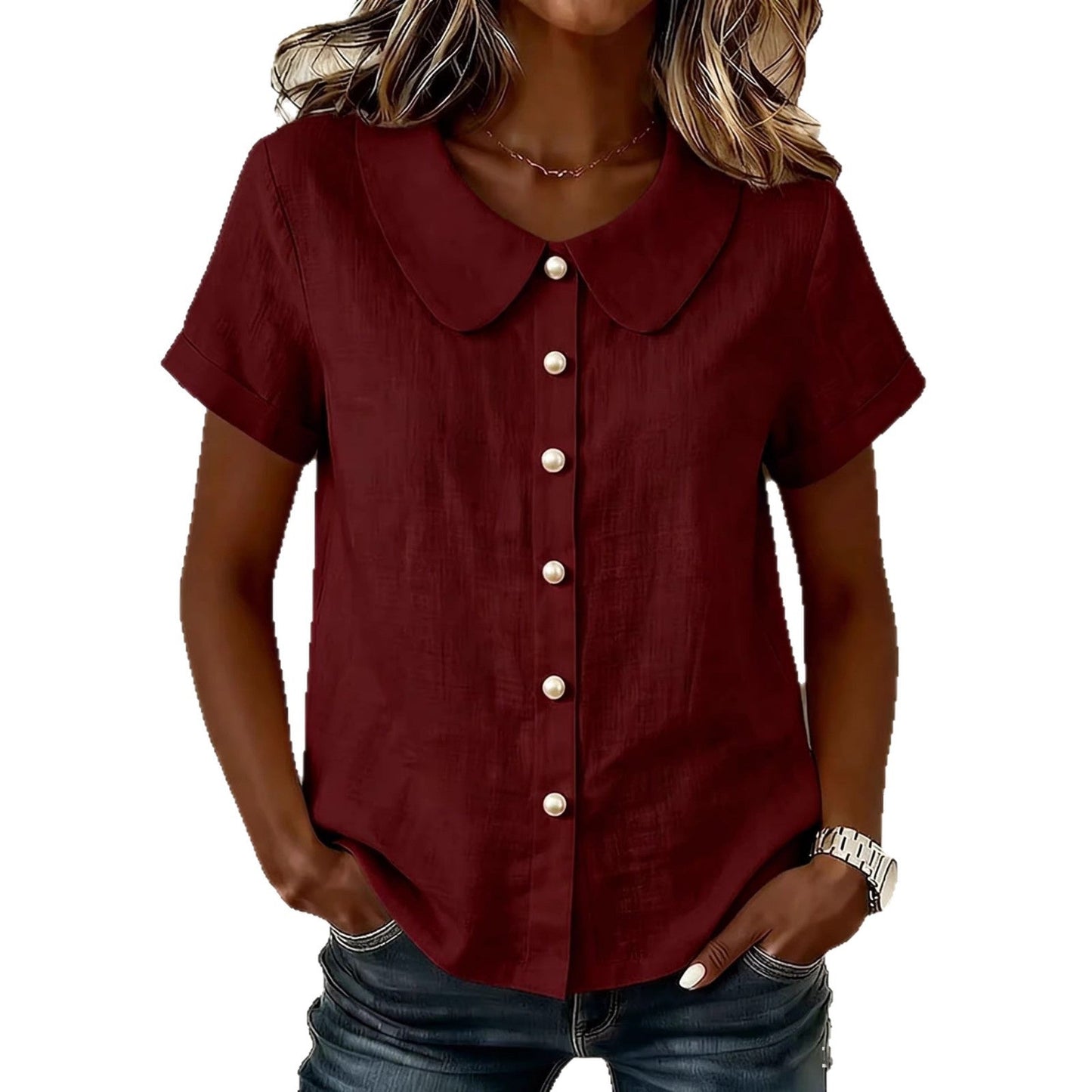 Women's Solid-Color Short-Sleeve Loose Casual Shirt – Lightweight Everyday Top