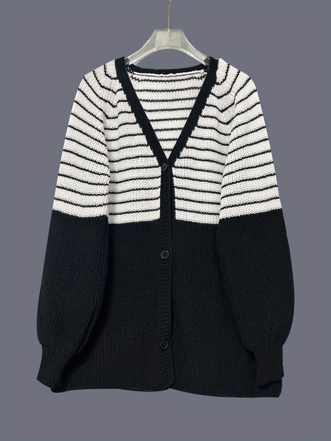 Women's Black & White Stripe Open-Front Knit Cardigan