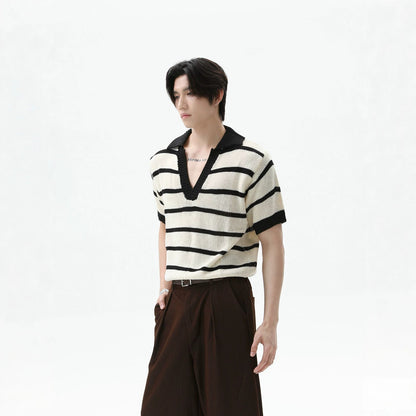 Men's Striped Color-Block V-Neck Knit Short-Sleeve T-Shirt