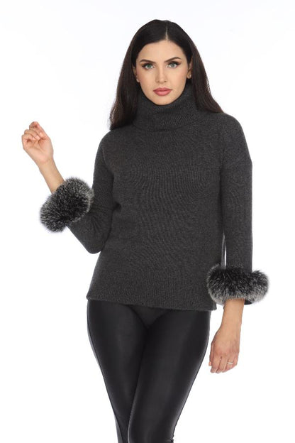 Alashan Luxe 100% Cashmere Quebec Fox Cuff Turtleneck Sweater LX2003
