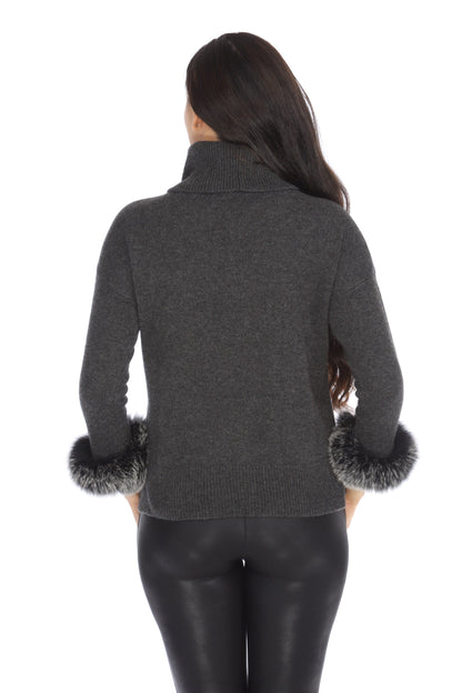 Alashan Luxe 100% Cashmere Quebec Fox Cuff Turtleneck Sweater LX2003