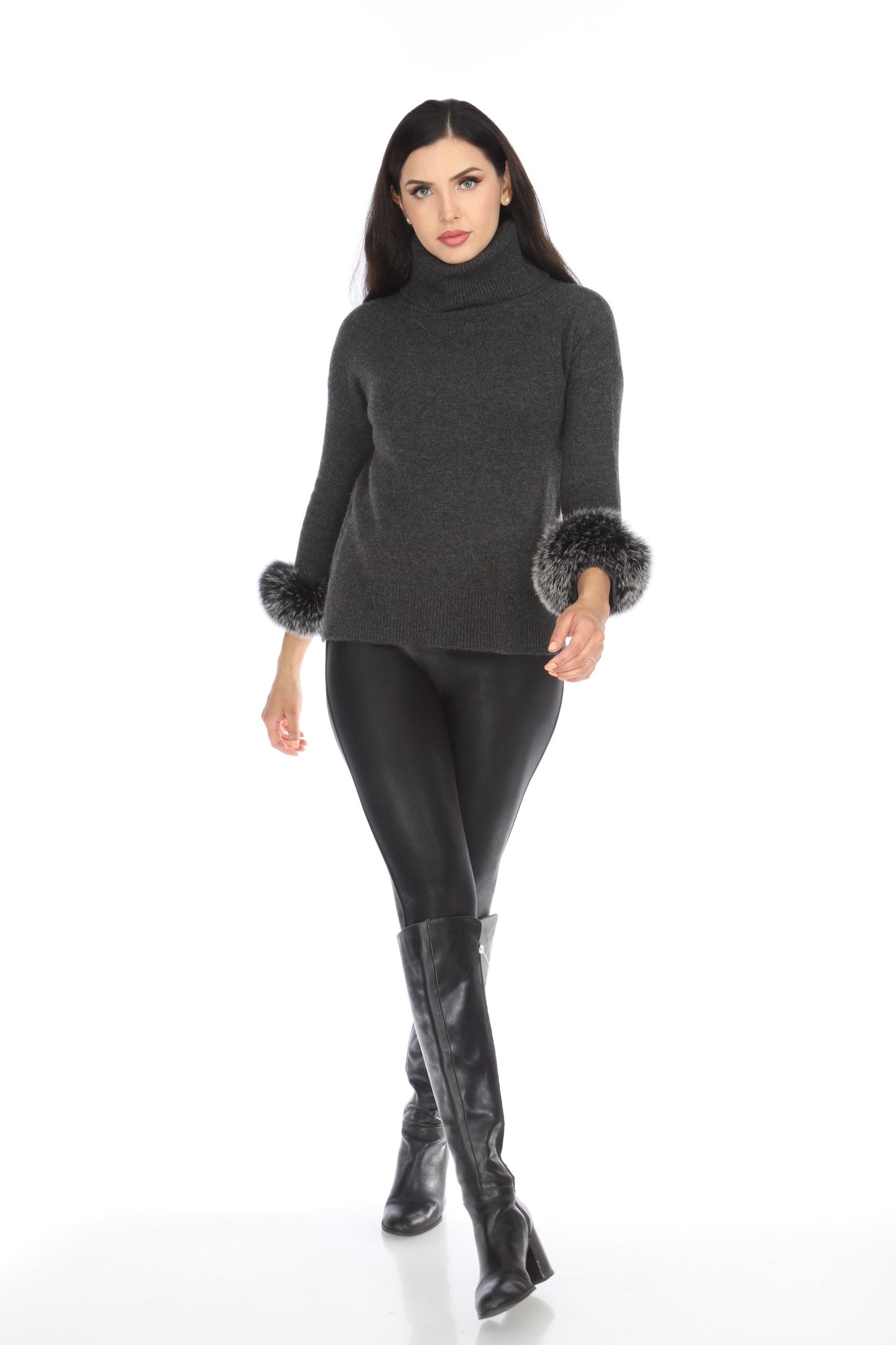 Alashan Luxe 100% Cashmere Quebec Fox Cuff Turtleneck Sweater LX2003