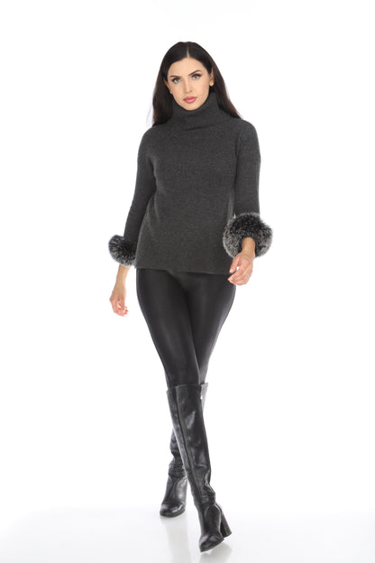 Alashan Luxe 100% Cashmere Quebec Fox Cuff Turtleneck Sweater LX2003