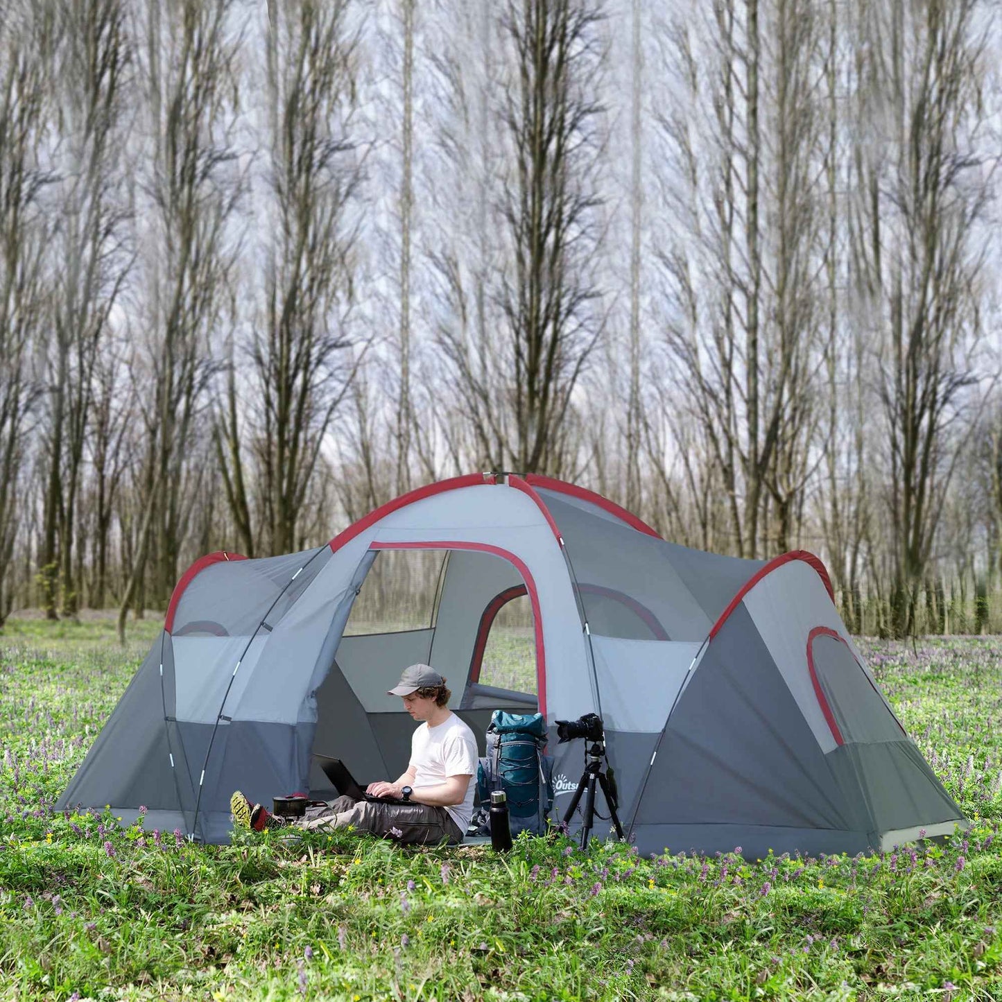 5–6 Person Family Camping Tent – Double-Layer with Removable Rainfly, Mesh Top & Carry Bag | Grey