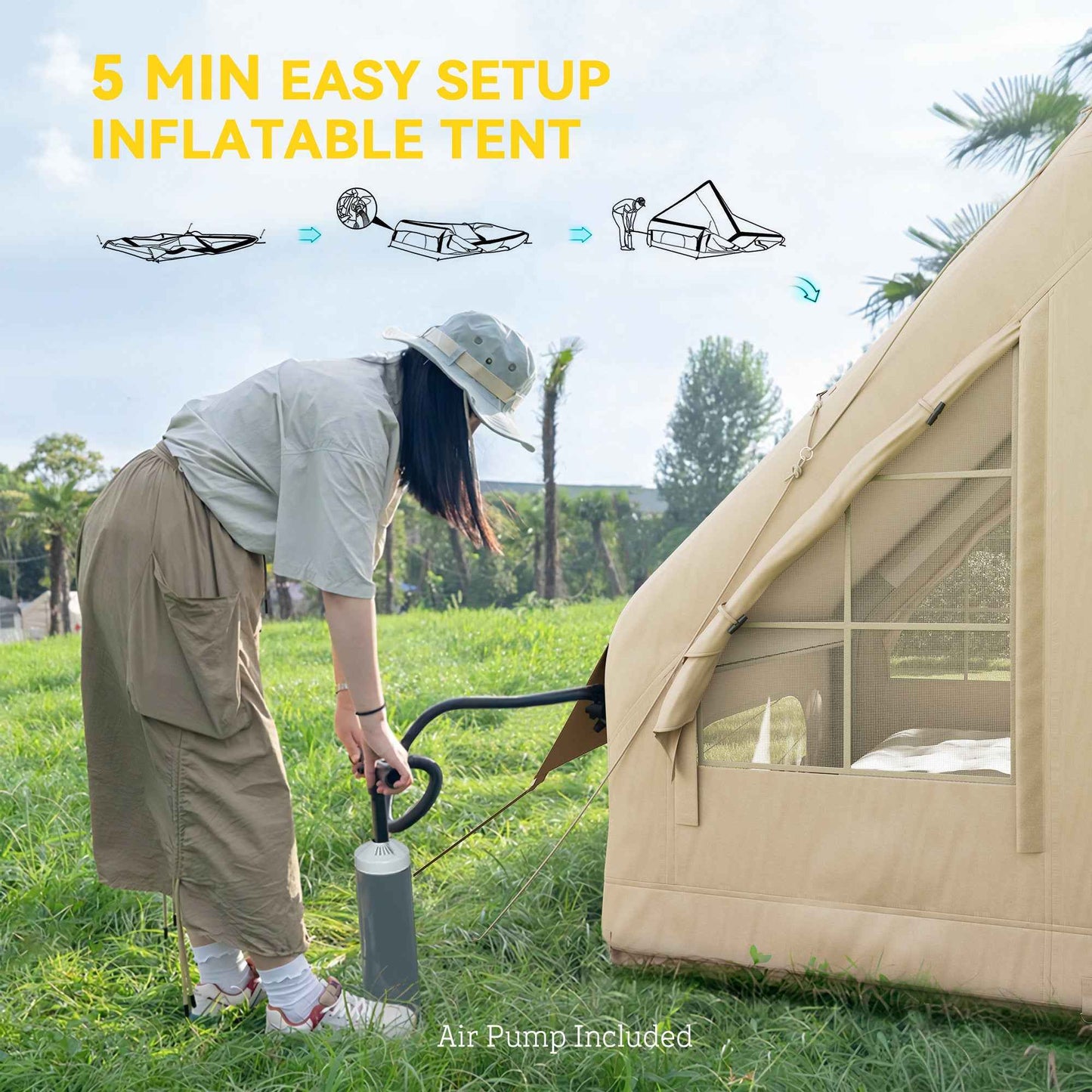4-Season Inflatable Camping Tent – 3000mm Waterproof, UPF50+, Inflates in 5 Minutes with Hand Pump