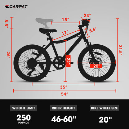 20" Kids Mountain Bike | Ages 6-12 | 7-Speed Shimano, Disc Brake & Front Suspension