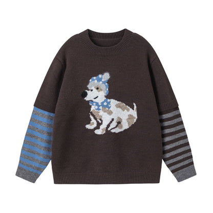 Autumn Dog Jacquard Fake Two-Piece Loose Sweater