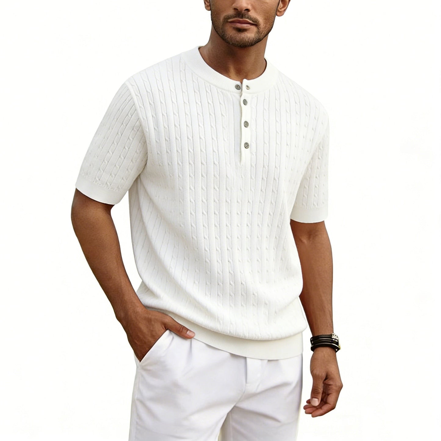 Men's Henry Collar Knit Sweater Short-sleeve T-shirt