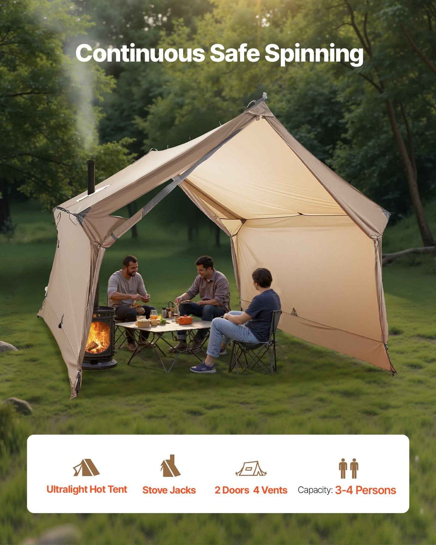 2-Person Cabin Hot Tent with Stove Jack – Pole-Free Lightweight Waterproof 4-Season Tent | Brown