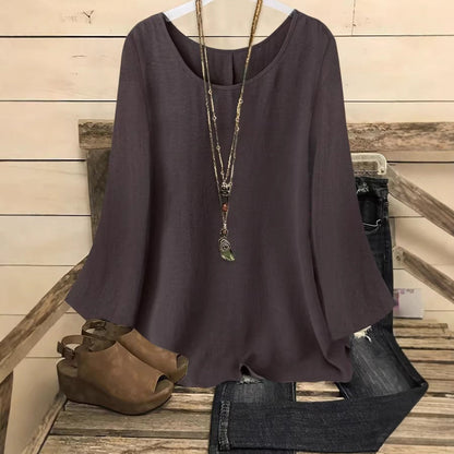 Women's Relaxed Crew-Neck Pullover Top with Patchwork Detail – 5 Colors