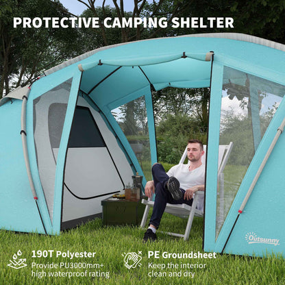 4–6 Person 2-Bedroom Family Tunnel Tent – PU3000mm+ Waterproof with Living Room & Sewn-In Groundsheet | Blue