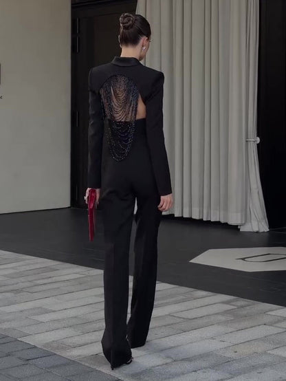 Black Backless Beaded Cropped Blazer & High Waist Pants Set