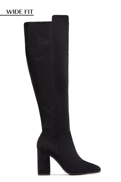 Colette Wide Fit Block Heel Boots - Black Suede