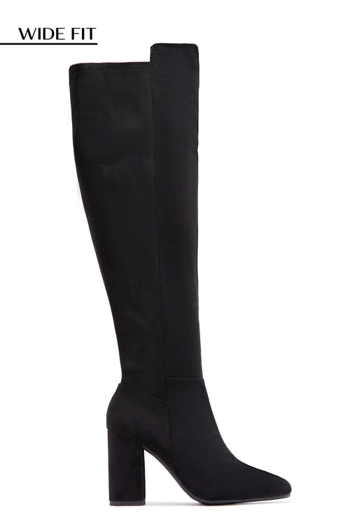 Colette Wide Fit Block Heel Boots - Black Suede