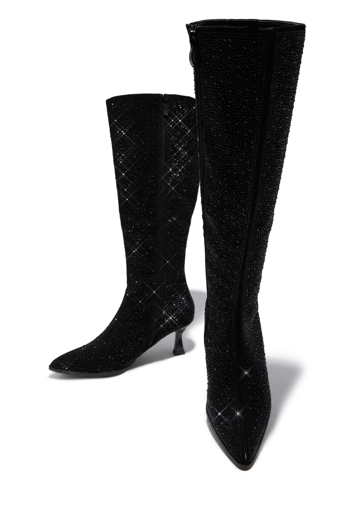 Elvia Embellished Kitten Heel Boots - Black