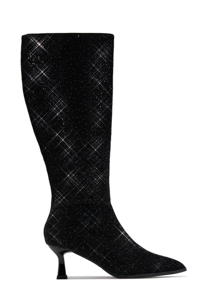 Elvia Embellished Kitten Heel Boots - Black