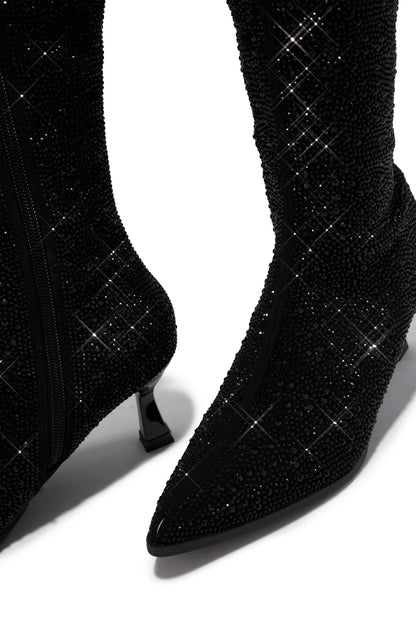 Elvia Embellished Kitten Heel Boots - Black
