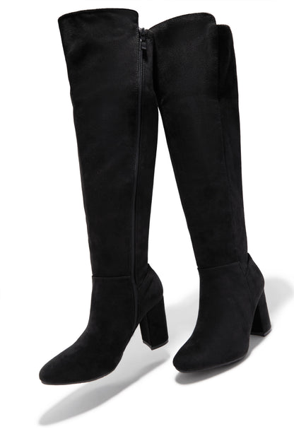 Colette Wide Fit Block Heel Boots - Black Suede