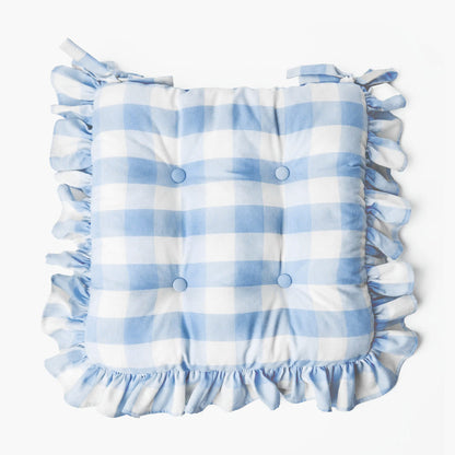 Blue Gingham Ruffle Seat Pad Cushion