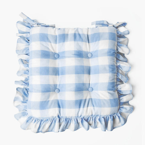 Blue Gingham Ruffle Seat Pad Cushion