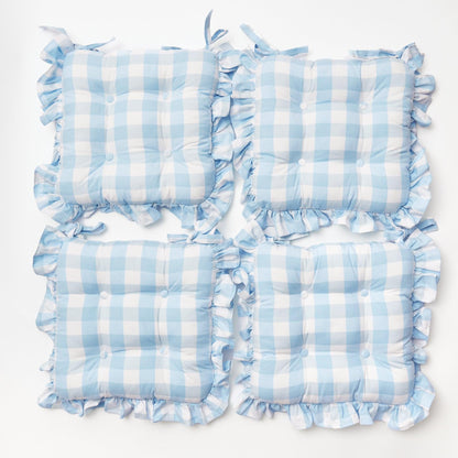 Blue Gingham Ruffle Seat Pad Cushion (Set of 4)