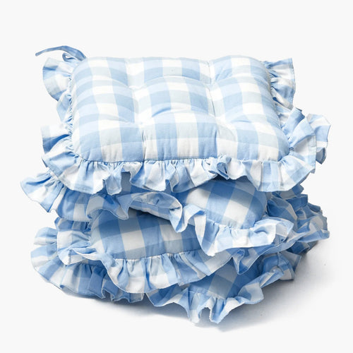 Blue Gingham Ruffle Seat Pad Cushion (Set of 4)