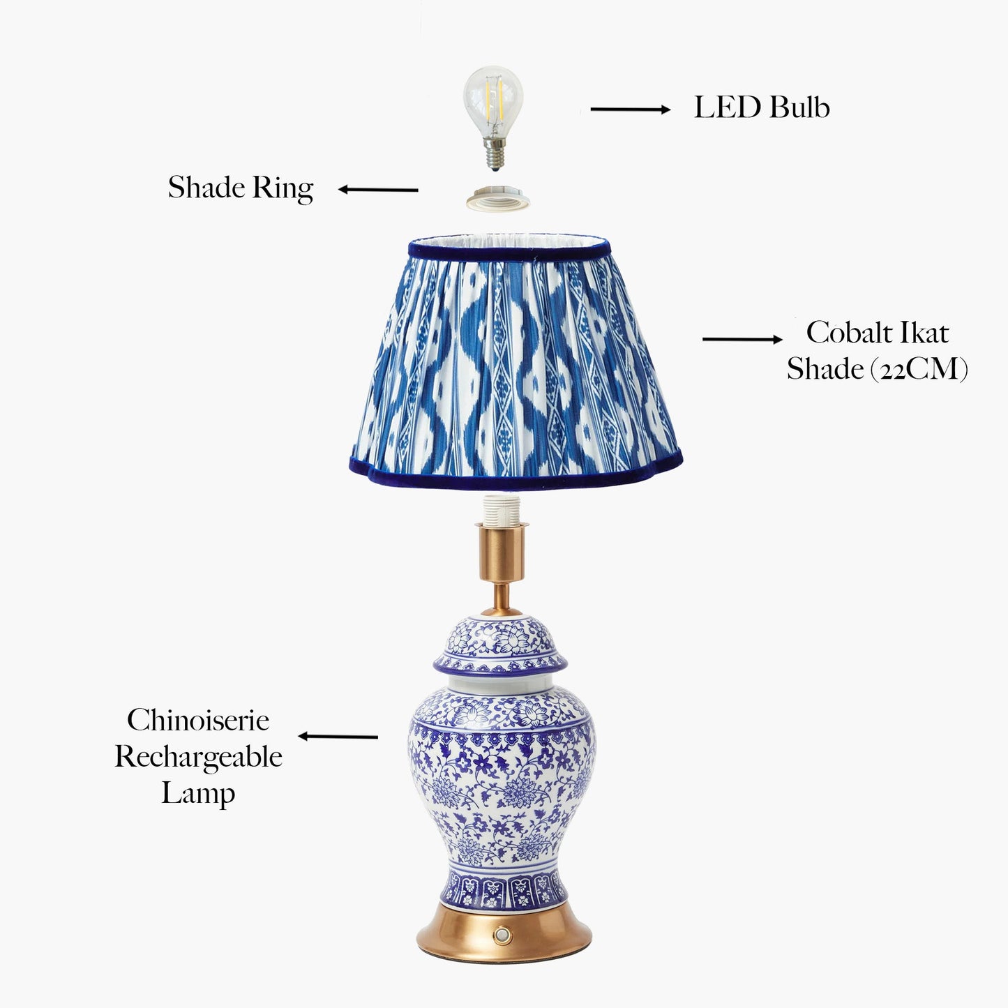 Chinoiserie Rechargeable Lamp with Cobalt Ikat Shade (22cm)