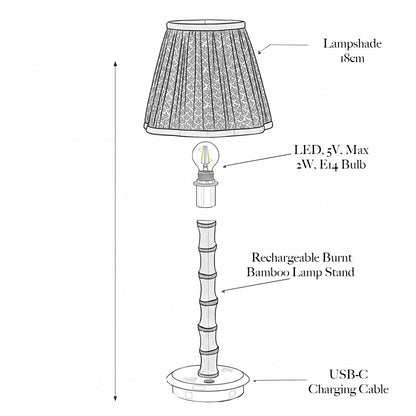Burnt Bamboo Rechargeable Lamp with Olive Velvet Bow Shade (18cm)