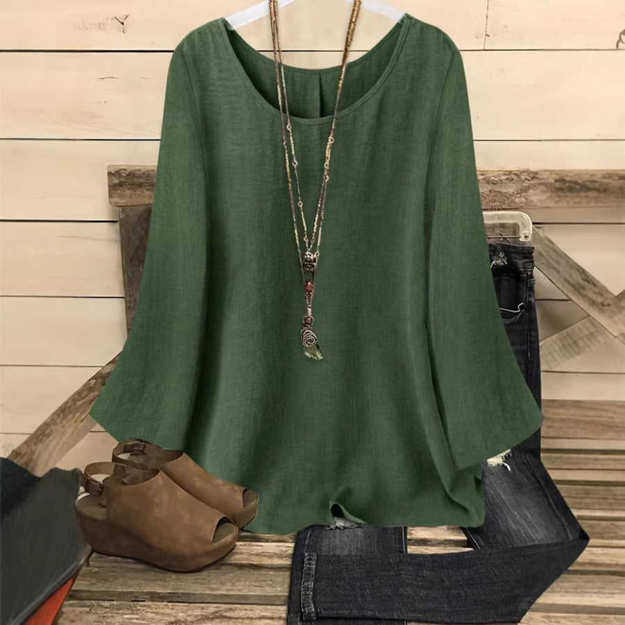 Women's Relaxed Crew-Neck Pullover Top with Patchwork Detail – 5 Colors