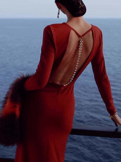 Burgundy Red Backless Chain Long Sleeve Dress