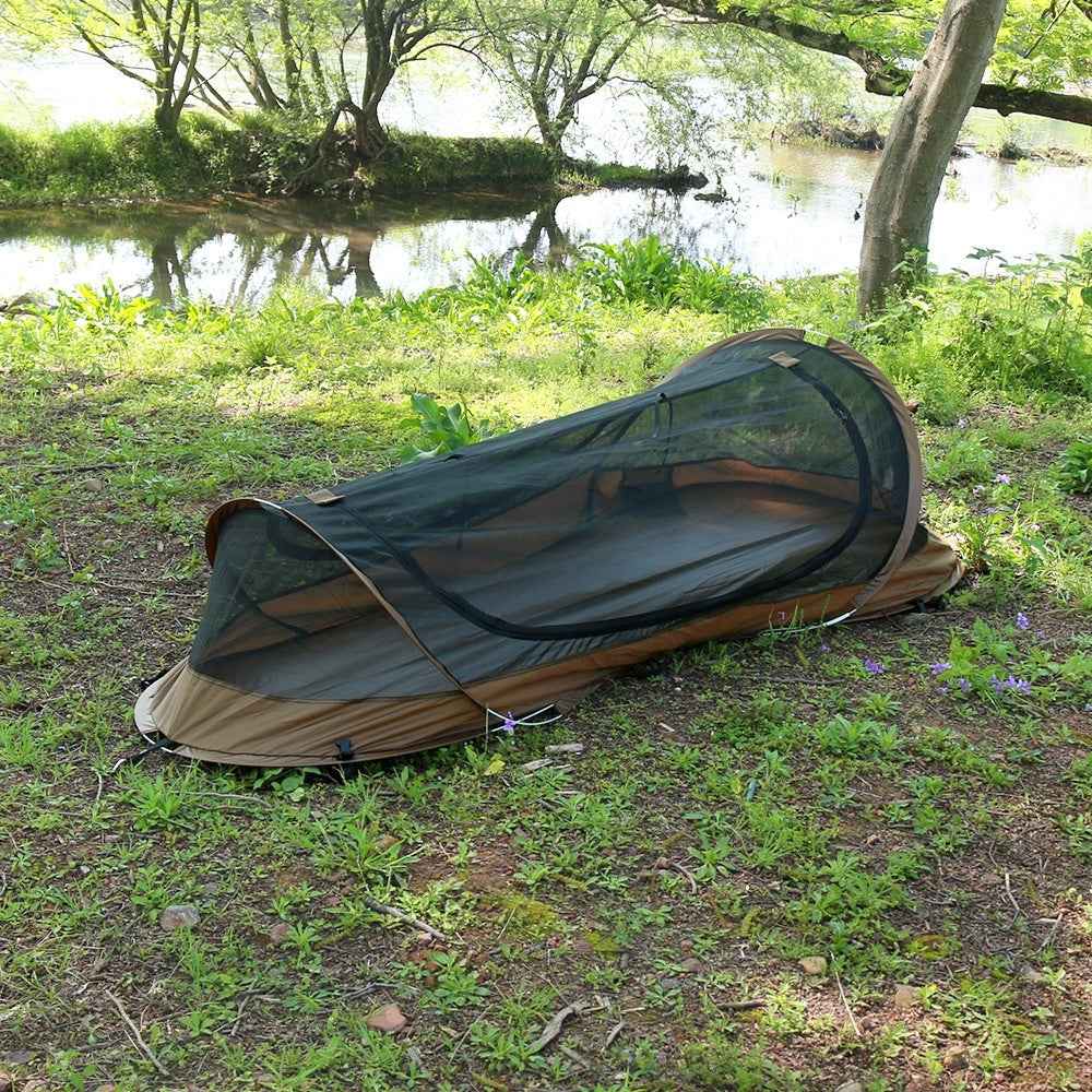 Single-Person Tactical Boat-Style Camping Tent – Waterproof Foldable Hiking Tent | Coffee & Olive Green
