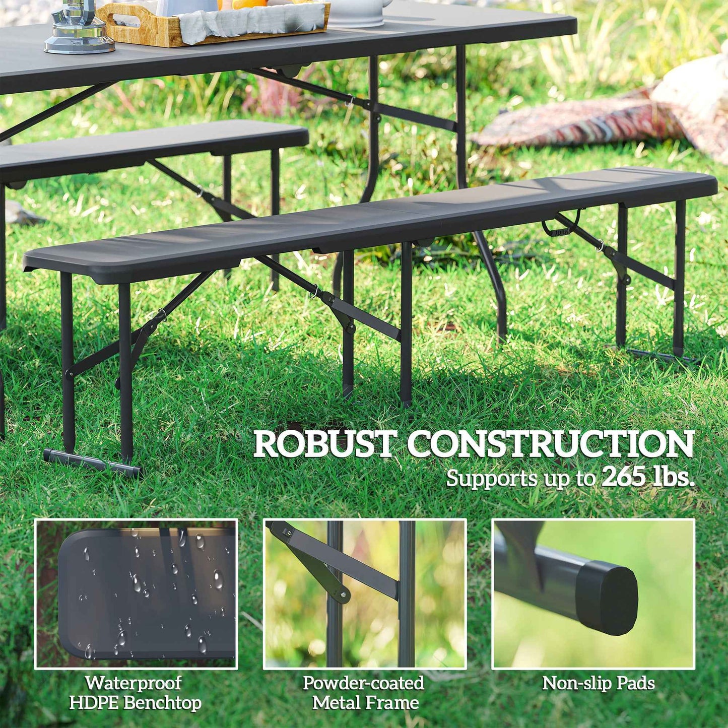 6 FT Folding Camping Bench Set of 2 | 529 lb Capacity, HDPE Top with Carry Handle